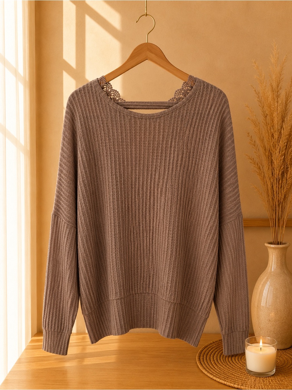 Women's Taupe Ribbed Scoop Neck Sweater with Lace Detail in the back